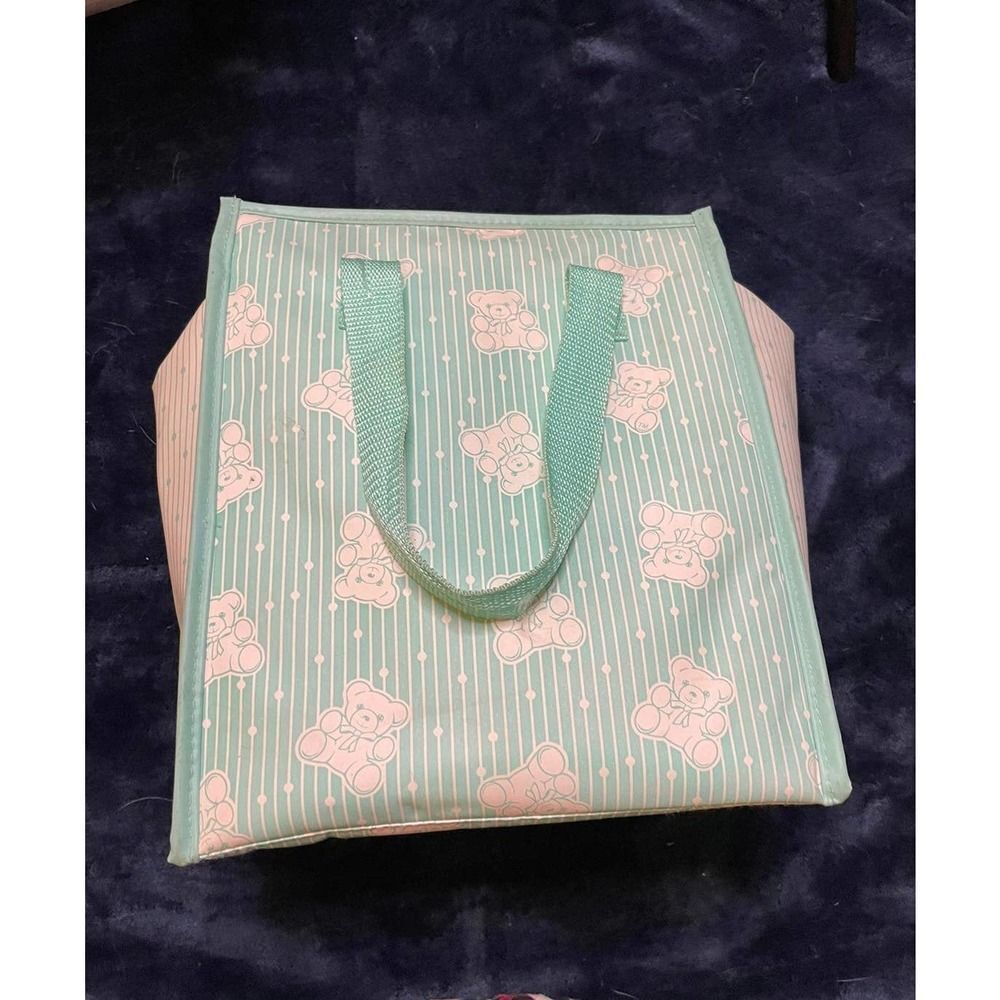 Baby Boom Vintage 1980s Retro Diaper Bag Pale Mint Green Stripes Bears